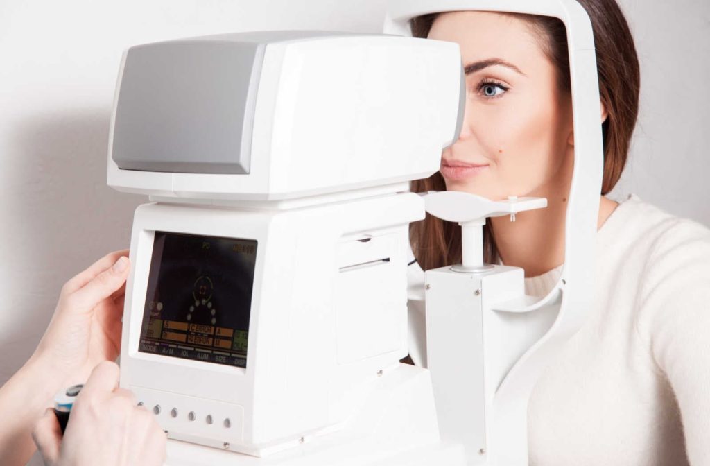 A patient visiting the eye doctor to get their eyes testing for signs of high eye pressure during a comprehensive eye exam