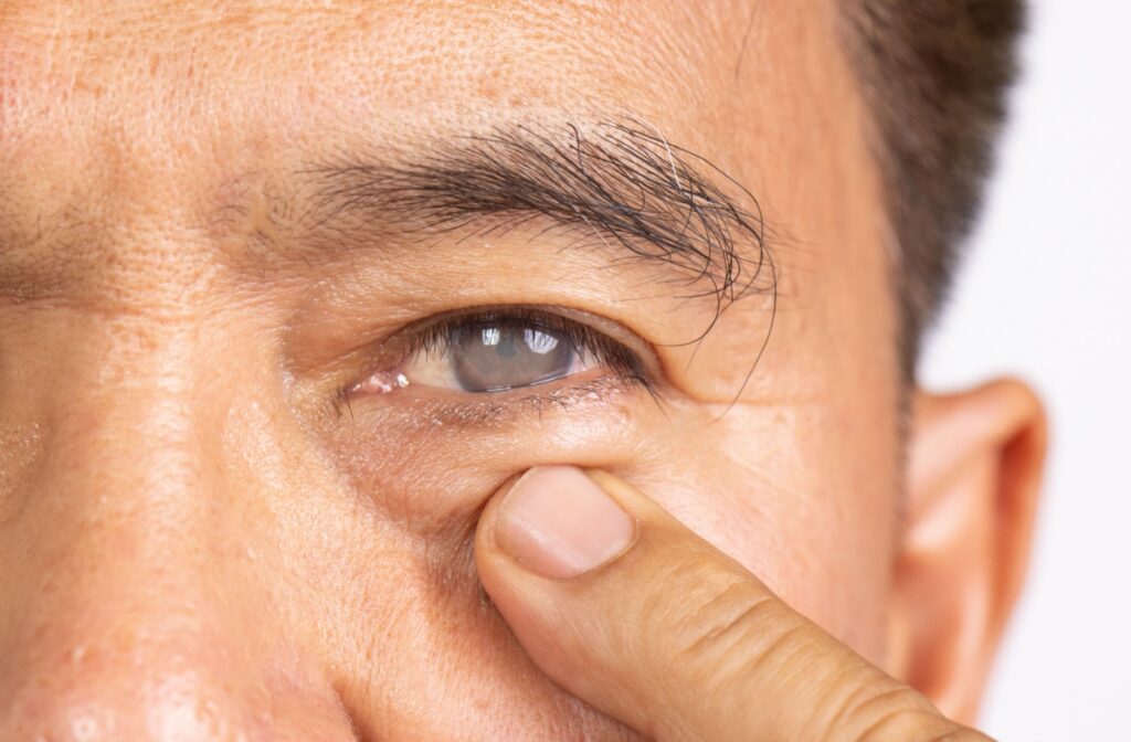 Close up of senior pointing to their cloudy eye that demonstrates symptoms of cataracts