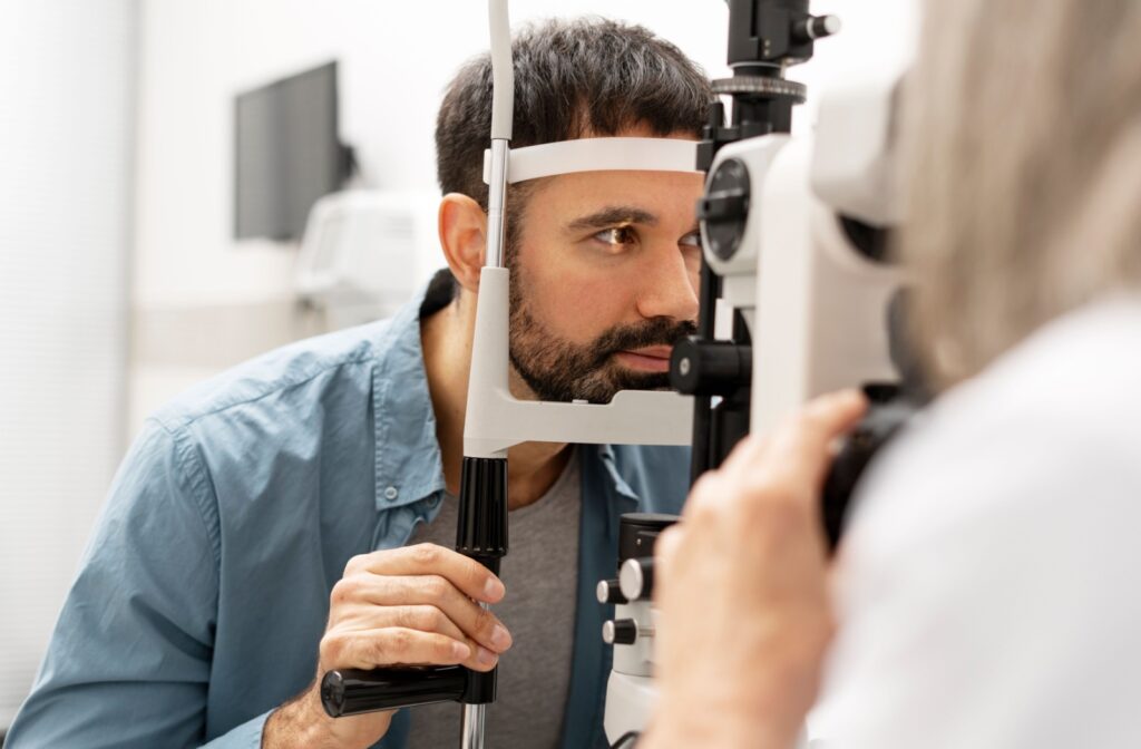 Patient getting routine eye exam with Optical Coherence Tomography (OCT).
