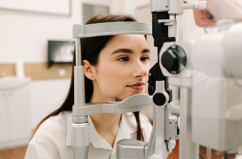 Patient getting a routine eye exam to check their vision prescription.