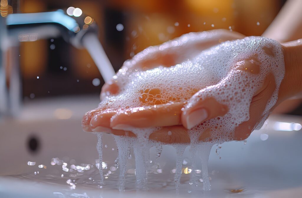 A close up of a persons hands being washed with lots of suds from soap.