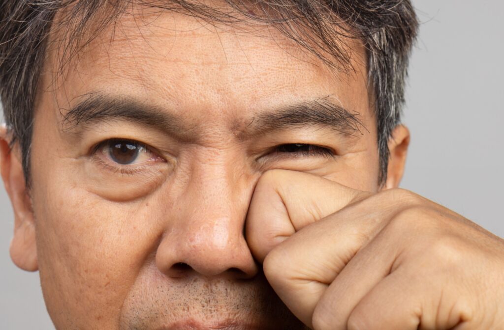 A close up of a person rubbing their eyes which are irritated from being too dry