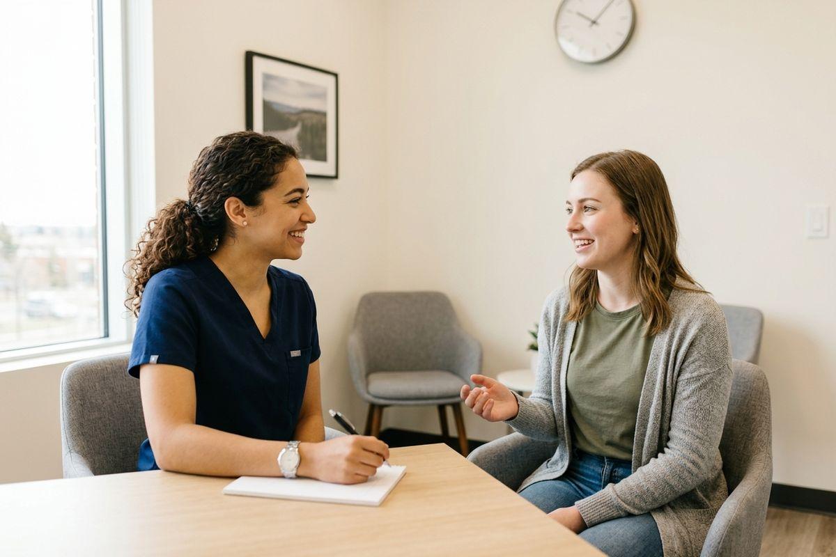 Nurse in scrubs takes notes while talking with a smiling patient across a table in a clinic.