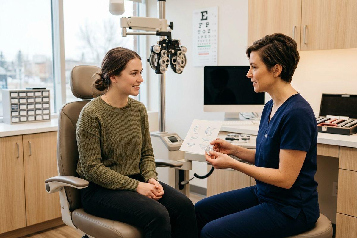 Optometrist showing a contact lens and diagram to a smiling patient seated in an exam chair beside a phoropter and eye chart.