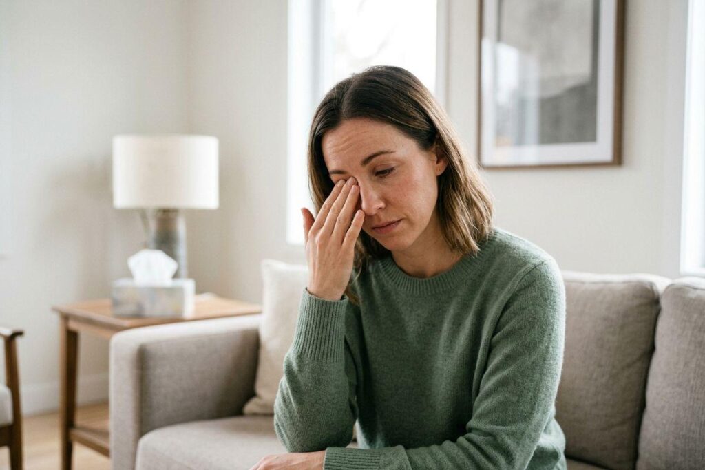 Person in green sweater sitting on a couch, rubbing one eye with a tired expression.