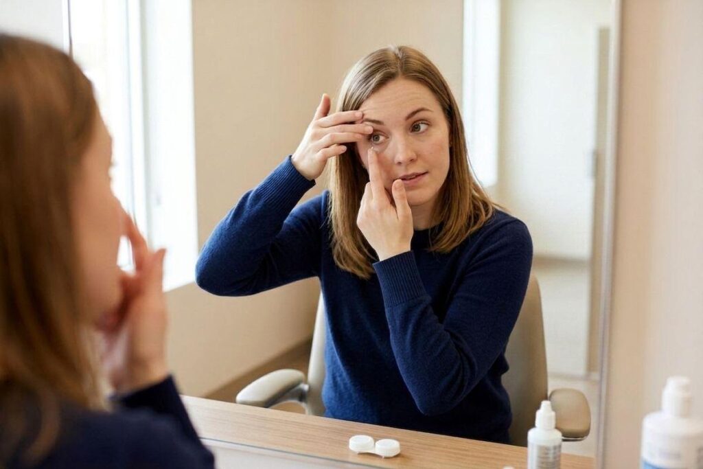 Person inserting a contact lens into their eye while looking in a mirror, with lens case and solution on the counter.
