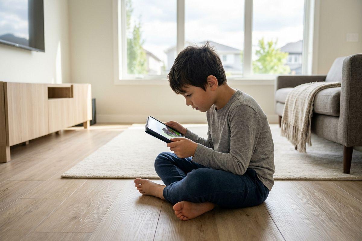 Child sitting barefoot on a living room floor, focused on a tablet held close, with a sofa, rug and bright windows behind.