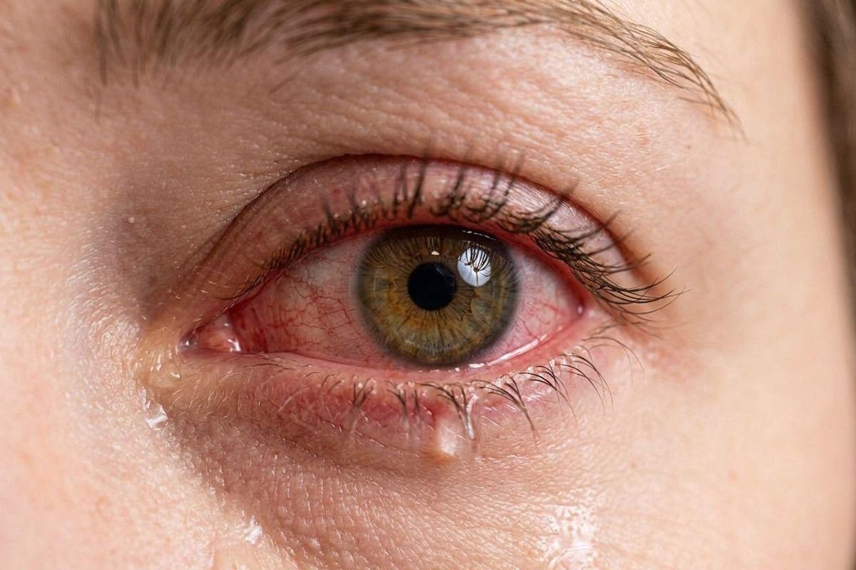 Close-up of a person's red, watery eye with visible blood vessels and tears on the surrounding skin.