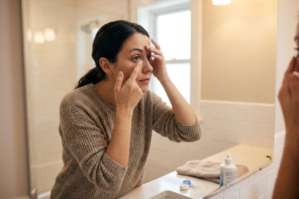 Person inserting a contact lens into their eye while looking in a bathroom mirror, with lens case and solution nearby.