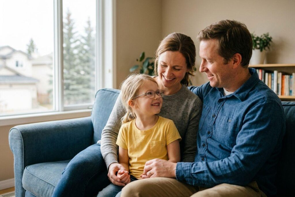 Two adults and a smiling child in glasses sit together on a blue sofa by a window in a living room.