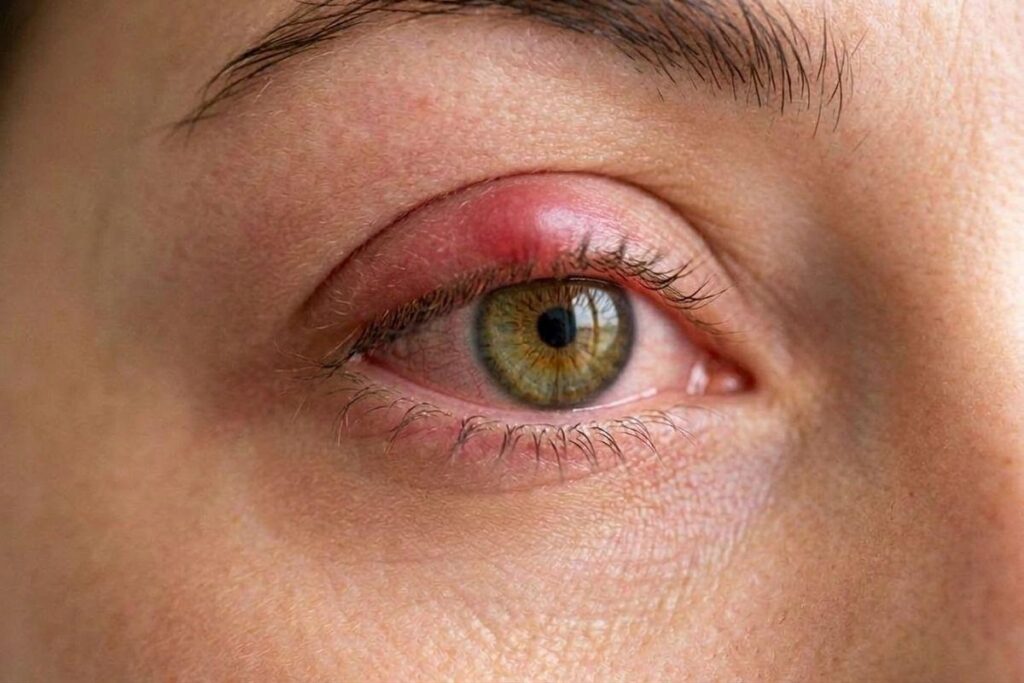 Close-up of an eye with a red, swollen lump on the upper eyelid and reddened surrounding skin.