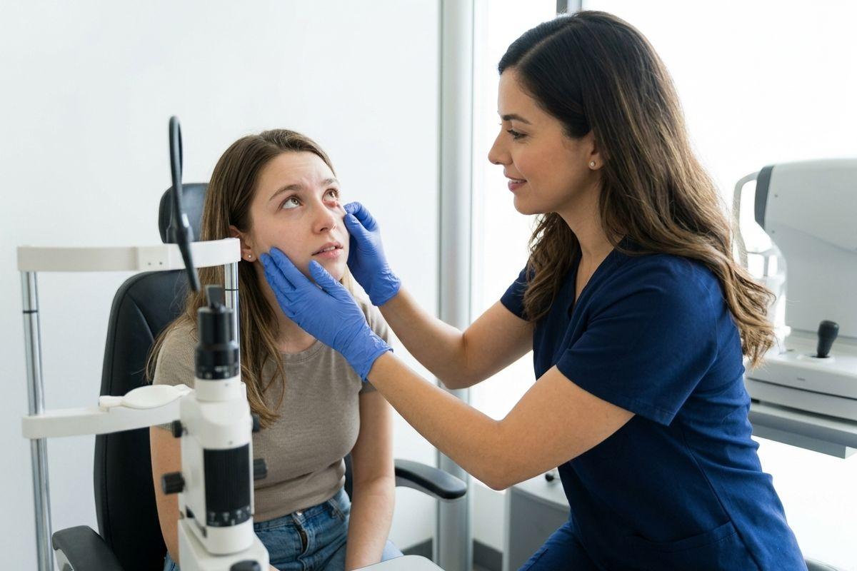 Optometrist in gloves examines a seated patient's eye during an exam, slit lamp in the foreground.