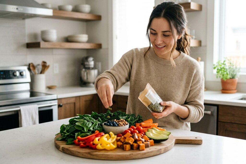 Person smiling while adding seeds from a pouch to a wooden board of vegetables, berries, and avocado in a kitchen.
