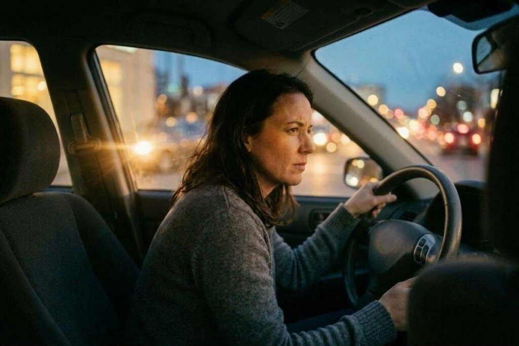 Adult driving a car at dusk on a busy street, squinting with a tense expression as bright oncoming headlights shine through the window.