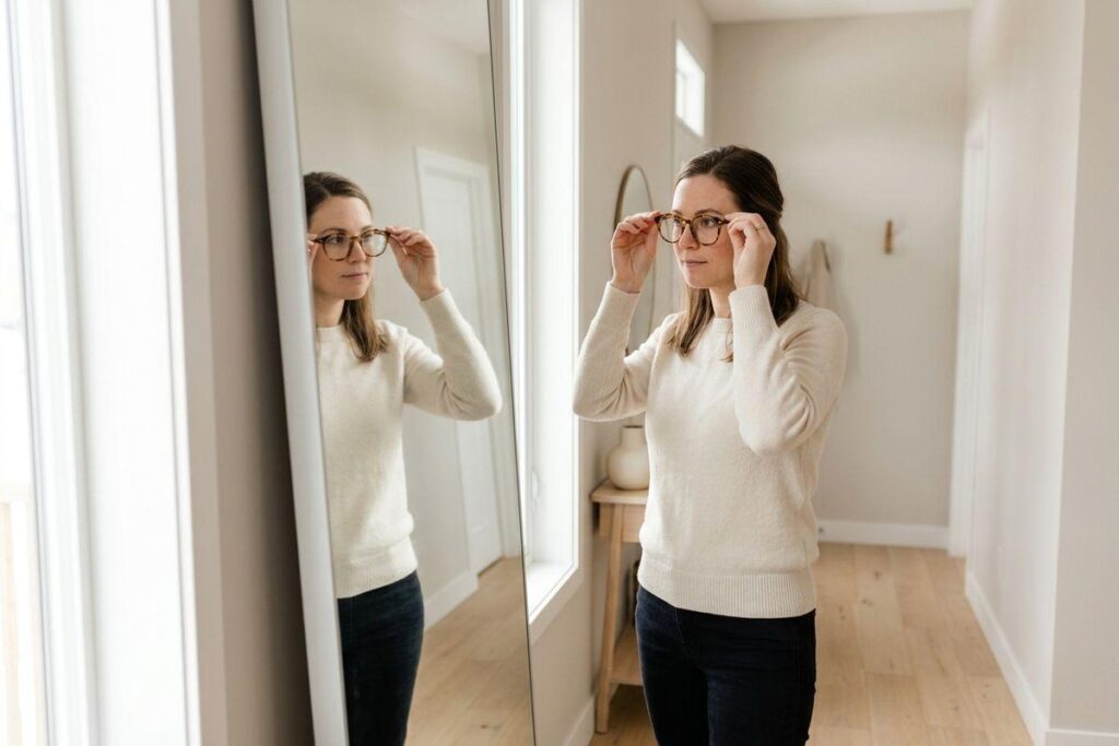 An adult adjusting tortoiseshell eyeglasses while looking into a full-length mirror in a bright home hallway.