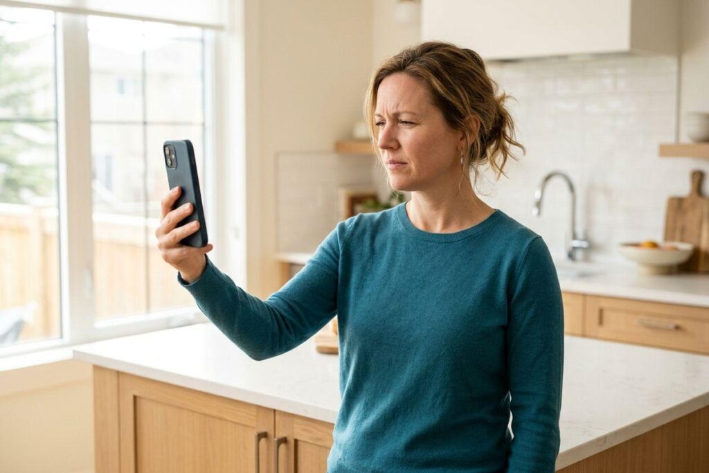 An adult standing in a kitchen, holding a smartphone up and looking at it with a concerned expression.