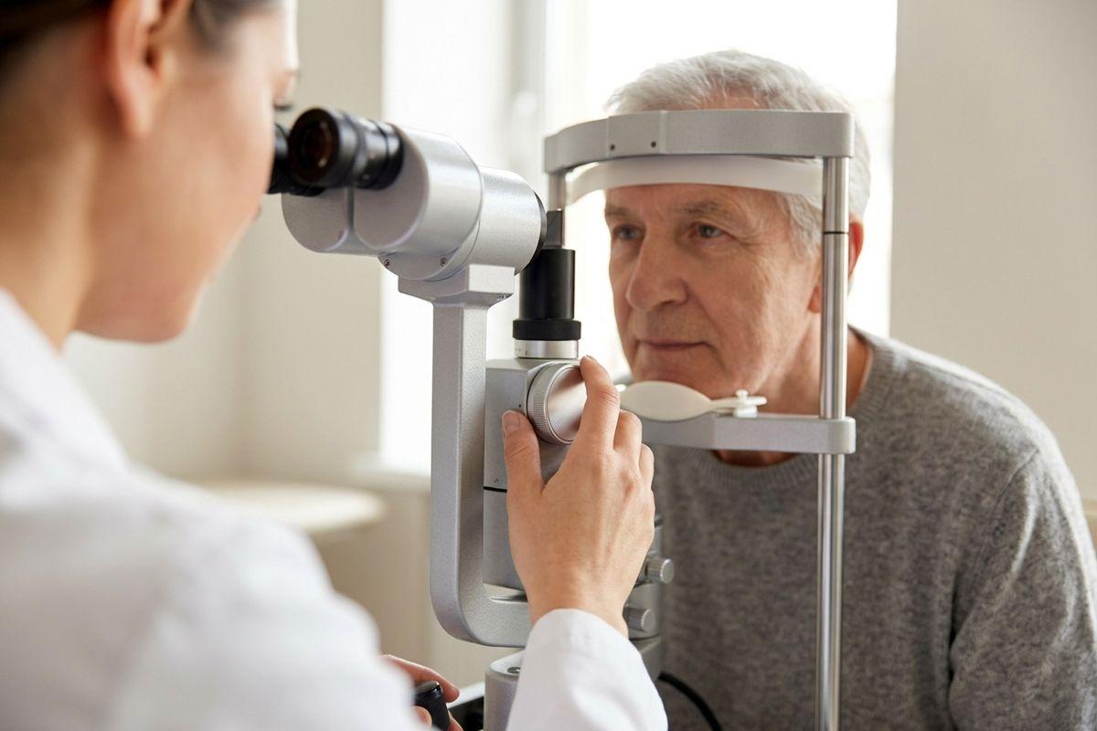 Optometrist using a slit lamp to examine an older adult's eyes in an eye exam room.