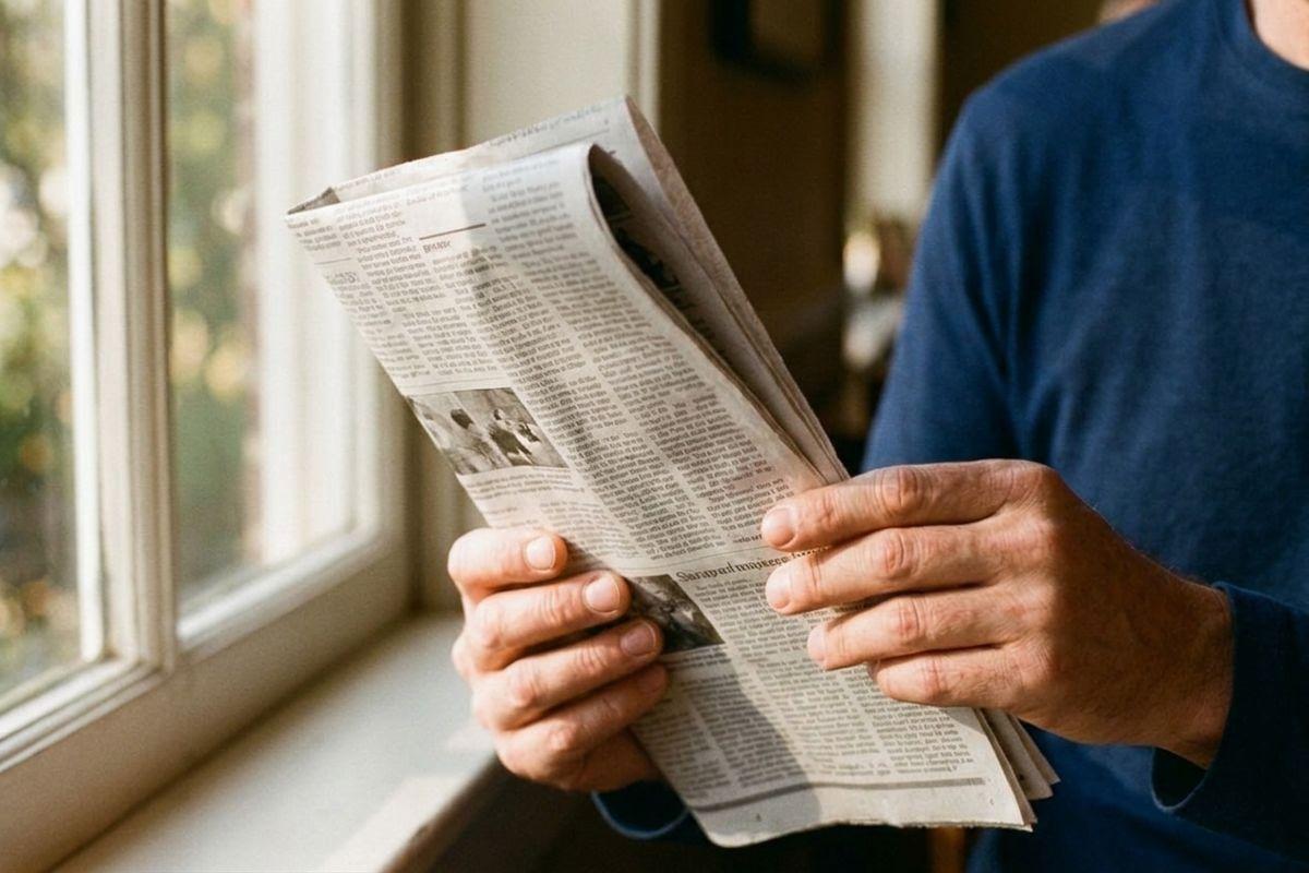 Person in a blue sweater holds a folded newspaper with both hands beside a sunlit window, face out of frame.