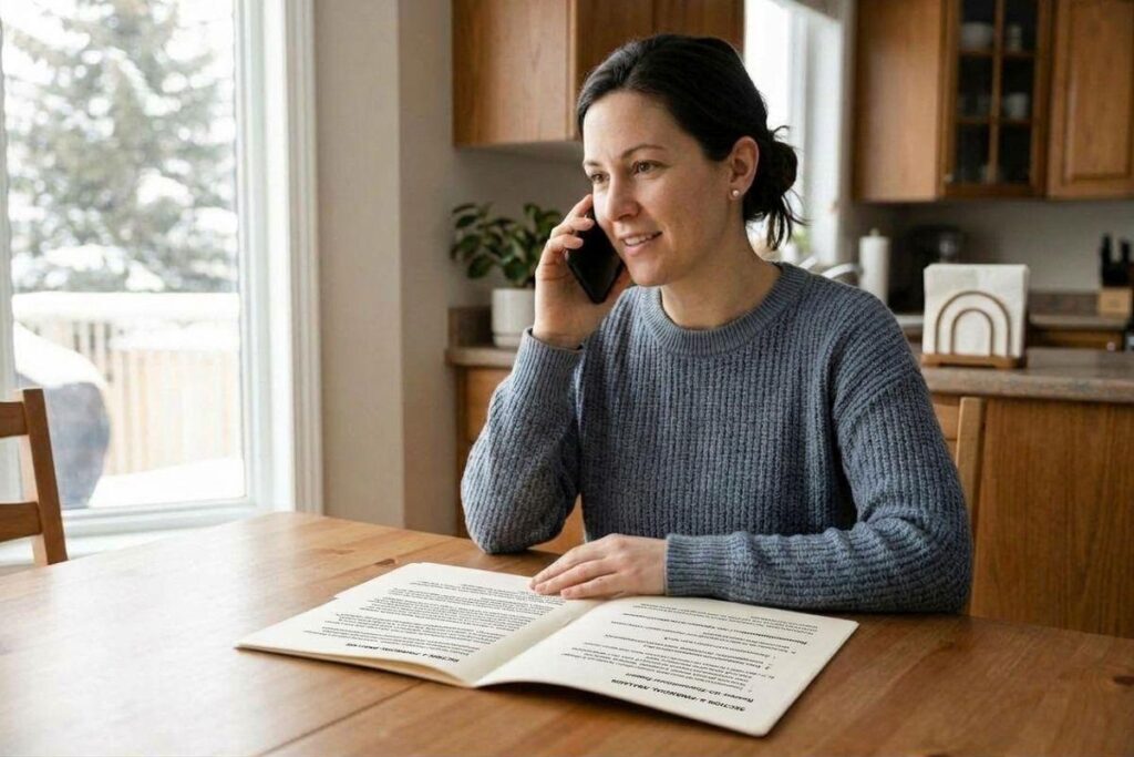 Smiling adult talks on a phone at a wooden kitchen table, one hand on an open booklet, with a snowy yard visible through the window.