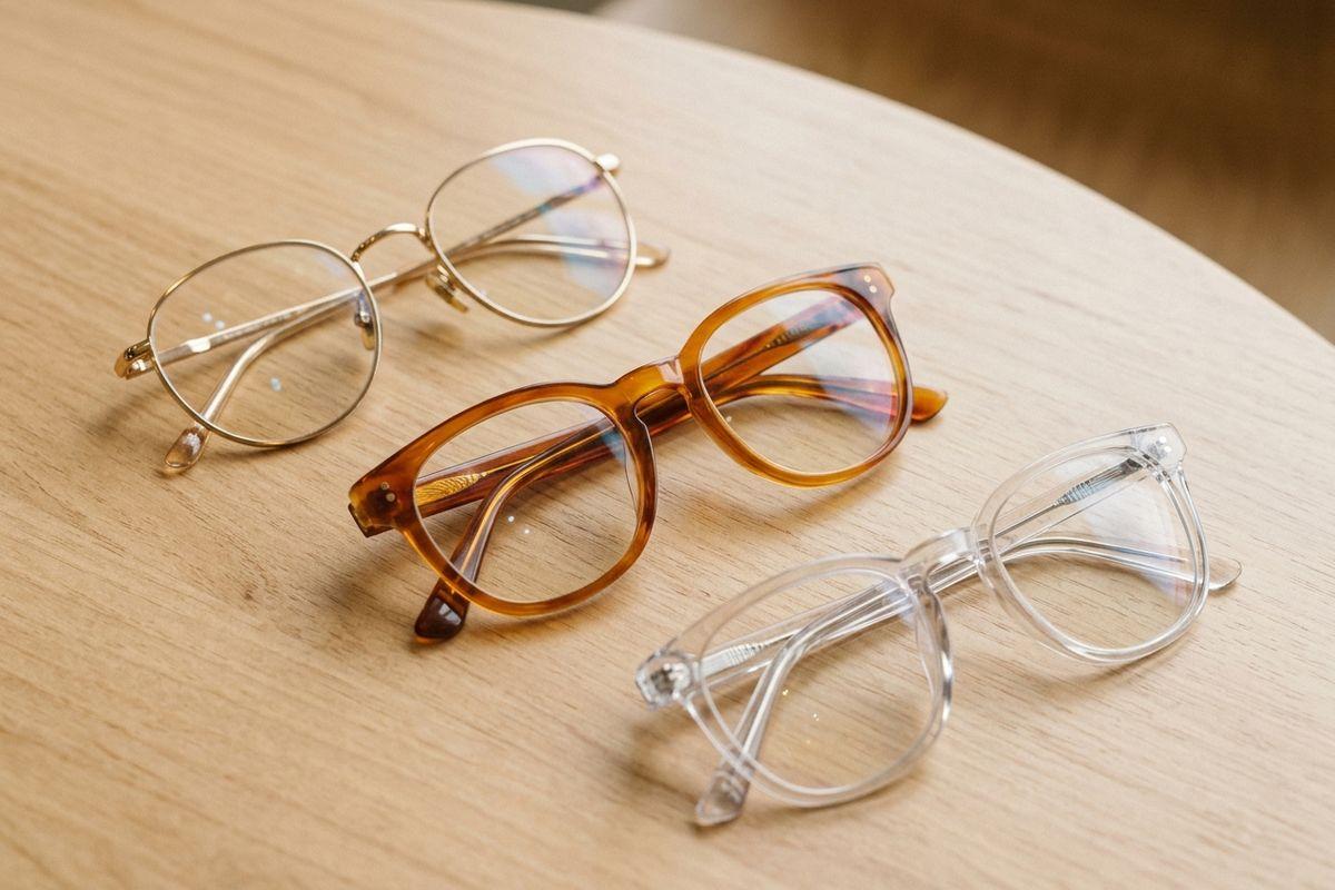 Three pairs of eyeglasses on a wooden surface: thin gold metal round frames, amber tortoiseshell frames, and clear transparent frames.